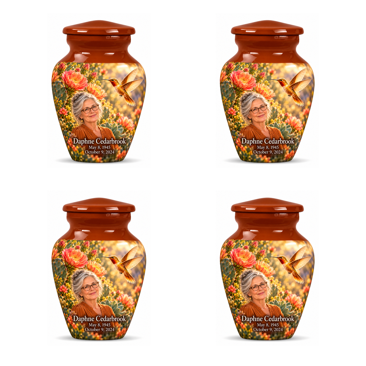 Four identical Classic keepsakes with amber caps, golden hummingbirds, desert blooms and Daphne Cedarbrook portraits and full dates.