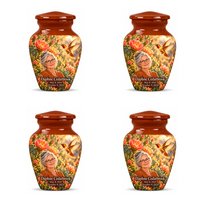 Four identical Classic keepsakes with amber caps, golden hummingbirds, desert blooms and Daphne Cedarbrook portraits and full dates.