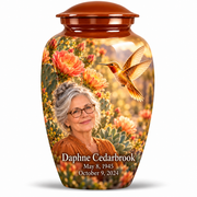 One large Classic urn with amber cap, golden hummingbird over coral desert cactus blooms, and fictional Daphne Cedarbrook portrait, May 8, 1945 to October 9, 2024.