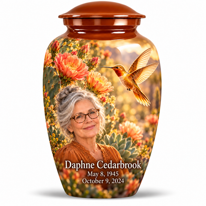 One large Classic urn with amber cap, golden hummingbird over coral desert cactus blooms, and fictional Daphne Cedarbrook portrait, May 8, 1945 to October 9, 2024.