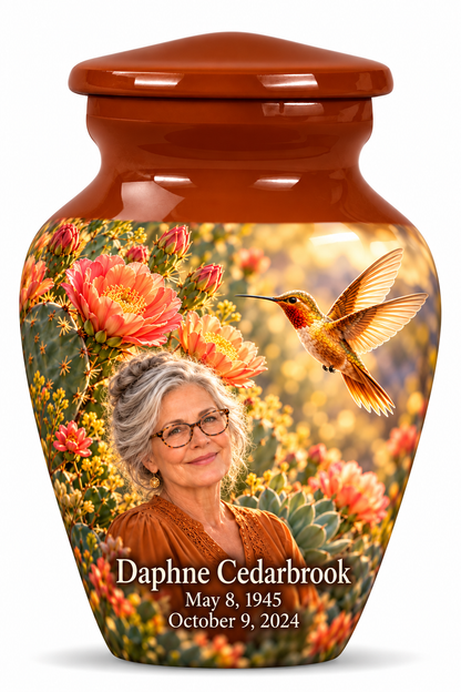One squat Classic keepsake with plain amber shoulder, golden hummingbird, coral cactus blooms and Daphne Cedarbrook portrait and full dates.
