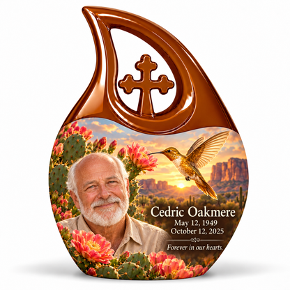 Amber-brown Cross Drop urn with central cross, golden hummingbird, coral cactus blooms and Cedric Oakmere portrait and full dates.