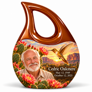 Amber-brown Cross Drop keepsake with empty white loop, golden hummingbird, desert cactus blooms and Cedric Oakmere portrait and dates.