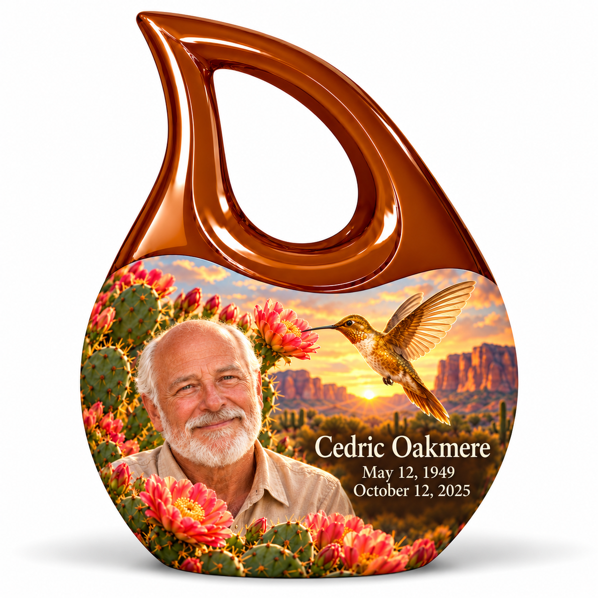 Amber-brown Cross Drop keepsake with empty white loop, golden hummingbird, desert cactus blooms and Cedric Oakmere portrait and dates.