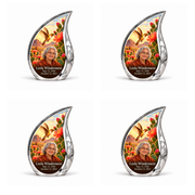 Four identical engraved silver Curved Drop keepsakes with golden hummingbird, desert cactus blooms and Leela Windermere portraits.