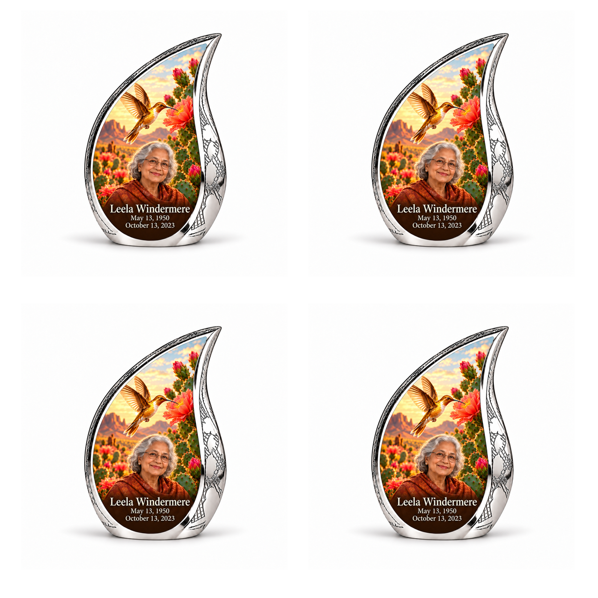 Four identical engraved silver Curved Drop keepsakes with golden hummingbird, desert cactus blooms and Leela Windermere portraits.