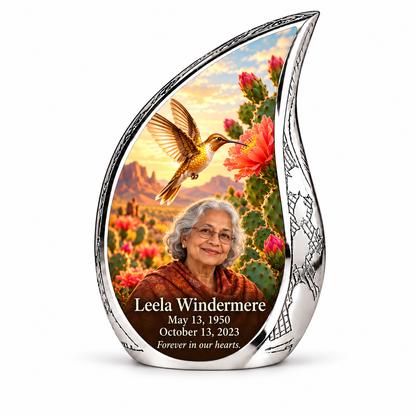 Engraved silver Curved Drop urn with golden hummingbird, coral cactus flowers and Leela Windermere portrait, name and full dates.