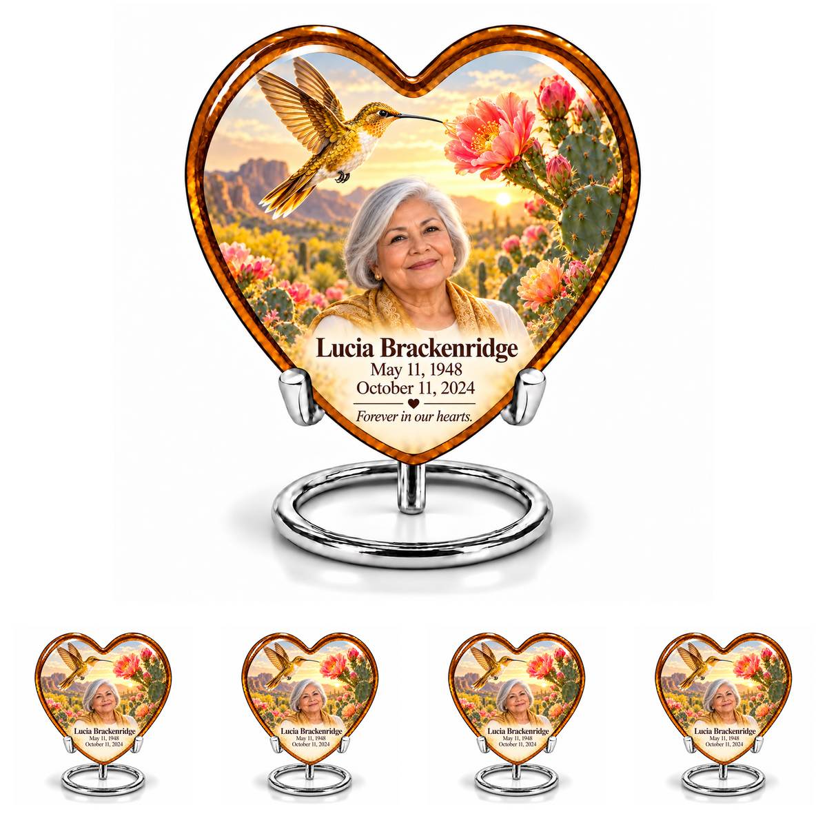 Large amber Heart urn above four matching silver-stand keepsakes with golden hummingbird, desert blooms and Lucia Brackenridge personalization.
