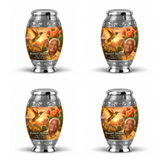 Four identical silver-banded Monar keepsakes with golden hummingbirds, desert cactus flowers and Bennett Marlowe portraits and full dates.