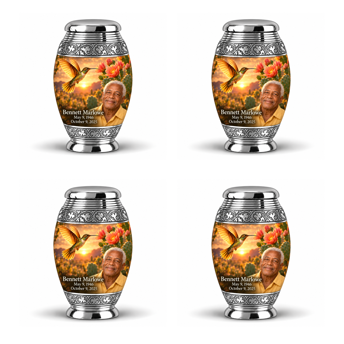 Four identical silver-banded Monar keepsakes with golden hummingbirds, desert cactus flowers and Bennett Marlowe portraits and full dates.
