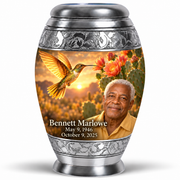One large silver-banded Monar urn with golden hummingbird, coral cactus blooms and fictional Bennett Marlowe portrait, May 9, 1946 to October 9, 2025.