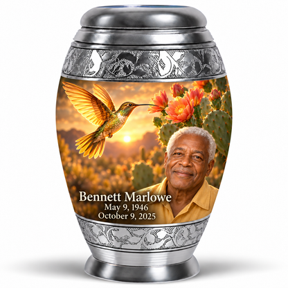 One large silver-banded Monar urn with golden hummingbird, coral cactus blooms and fictional Bennett Marlowe portrait, May 9, 1946 to October 9, 2025.