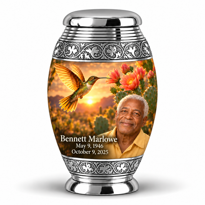 One Monar keepsake with silver scroll bands, golden hummingbird over desert blooms and Bennett Marlowe portrait and full dates.