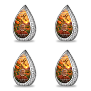 Four matching keepsakes Straight Drop memorial urn, golden hummingbird at orange desert cactus blooms, Orson Bellgrove portrait and full memorial dates, white background.