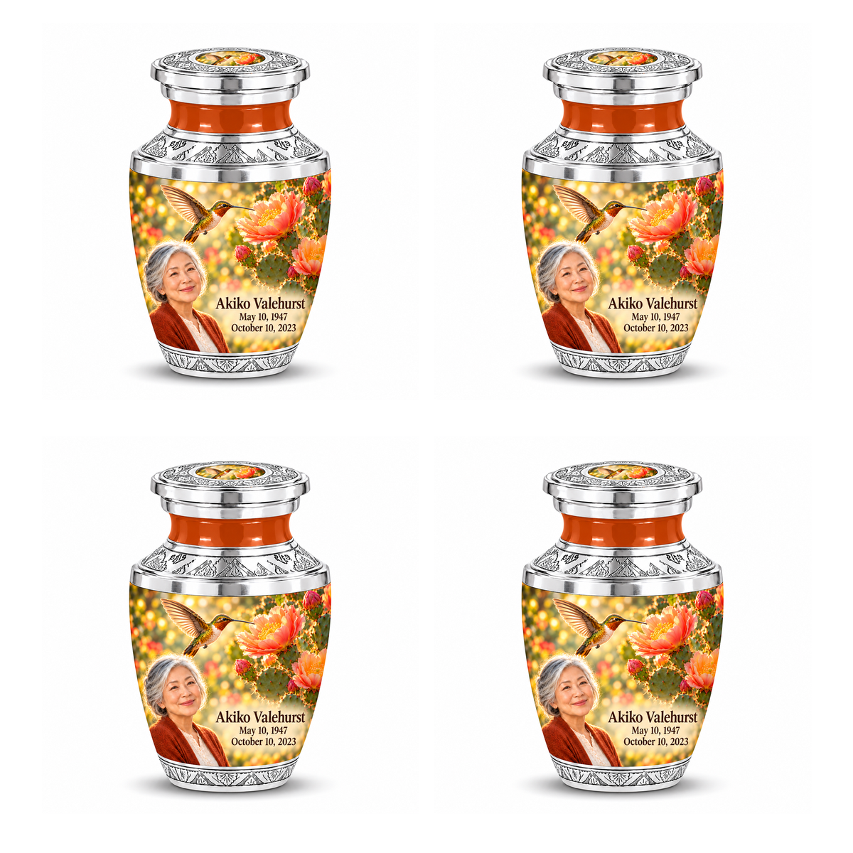 Four identical Tasty keepsakes with flat silver lids, orange necks, golden hummingbirds over desert blooms and Akiko Valehurst portraits and full dates.