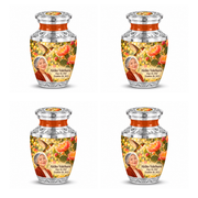 Four identical Tasty keepsakes with flat silver lids, orange necks, golden hummingbirds over desert blooms and Akiko Valehurst portraits and full dates.