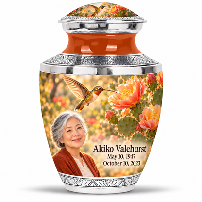 One large Tasty urn with domed artwork lid, orange neck, silver trim, golden hummingbird over cactus flowers and fictional Akiko Valehurst portrait, May 10, 1947 to October 10, 2023.