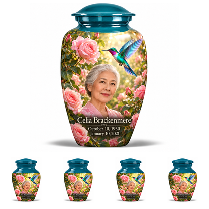 10 inch large Urn with 4 Keepsake 3 Inch Urns Classic hummingbird memorial urn with Celia Brackenmere portrait, October 10, 1930 to January 10, 2021.