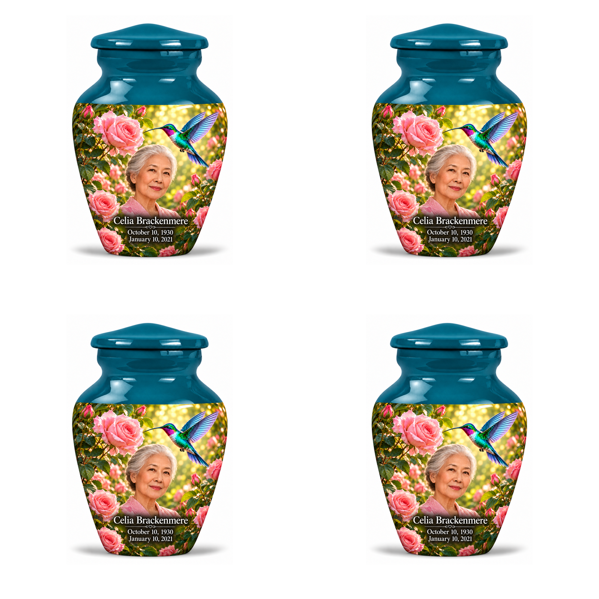 4 Keepsake 3 inch Urns Classic hummingbird memorial urn with Celia Brackenmere portrait, October 10, 1930 to January 10, 2021.