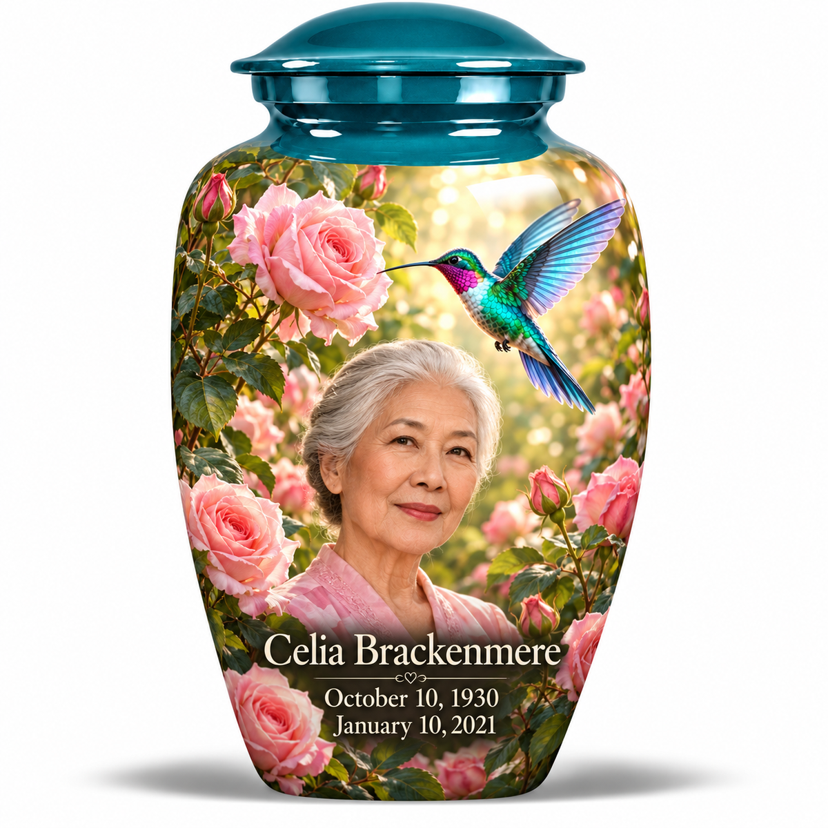10 inch large Urn Classic hummingbird memorial urn with Celia Brackenmere portrait, October 10, 1930 to January 10, 2021.