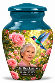 1 Keepsake 3 inch Urn Classic hummingbird memorial urn with Celia Brackenmere portrait, October 10, 1930 to January 10, 2021.