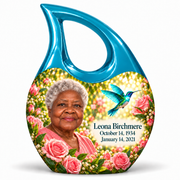 1 Keepsake 3 inch Urn; Glossy turquoise Cross Drop with vivid turquoise/cyan hummingbird wings and soft pink roses. Corrected Leona Birchmere has a broad hexagonal face, strong wide jaw, broad flat nose, low brows, round widely spaced eyes, full wide lips, short silver natural curls and pink blouse. Dark teal name and October 14, 1934 / January 14, 2021 dates are accurate.