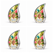 4 Keepsake 3 inch Urns; Engraved silver Curved Drop with vivid turquoise and icy cyan hummingbird wings above soft pink roses and green leaves. Edwin Rosewell has a narrow angular East Asian face, swept-back silver hair, small white beard and cream shirt. Dark teal name and October 15, 1935 / January 15, 2022 dates are accurate.