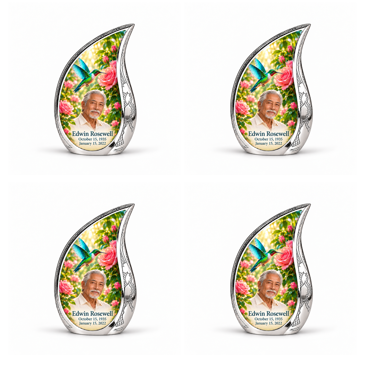 4 Keepsake 3 inch Urns; Engraved silver Curved Drop with vivid turquoise and icy cyan hummingbird wings above soft pink roses and green leaves. Edwin Rosewell has a narrow angular East Asian face, swept-back silver hair, small white beard and cream shirt. Dark teal name and October 15, 1935 / January 15, 2022 dates are accurate.