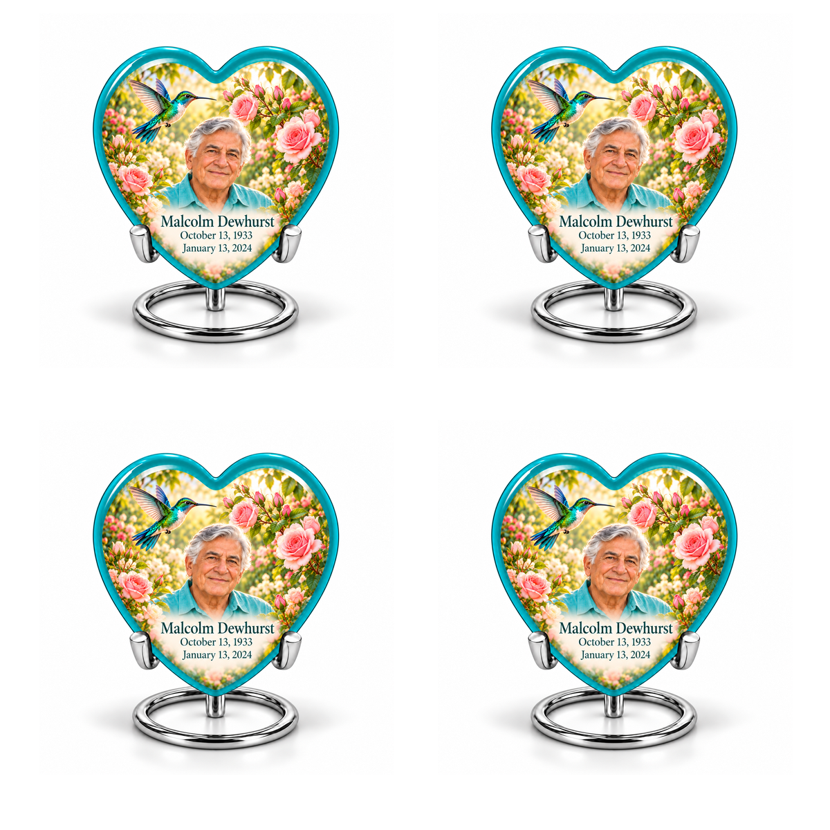 4 Keepsake 3 inch Urns; Glossy turquoise Heart with turquoise-winged hummingbird above soft pink roses and a cream garden. Malcolm Dewhurst has a broad triangular clean-shaven face, curved nose, dark brows, thick swept silver hair and turquoise shirt. Dark teal name and October 13, 1933 / January 13, 2024 dates are accurate.