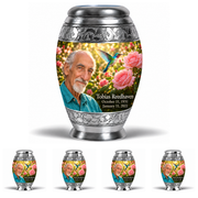 10 inch large Urn with 4 Keepsake 3 Inch Urns Monar hummingbird memorial urn with Tobias Reedhaven portrait, October 11, 1931 to January 11, 2022.