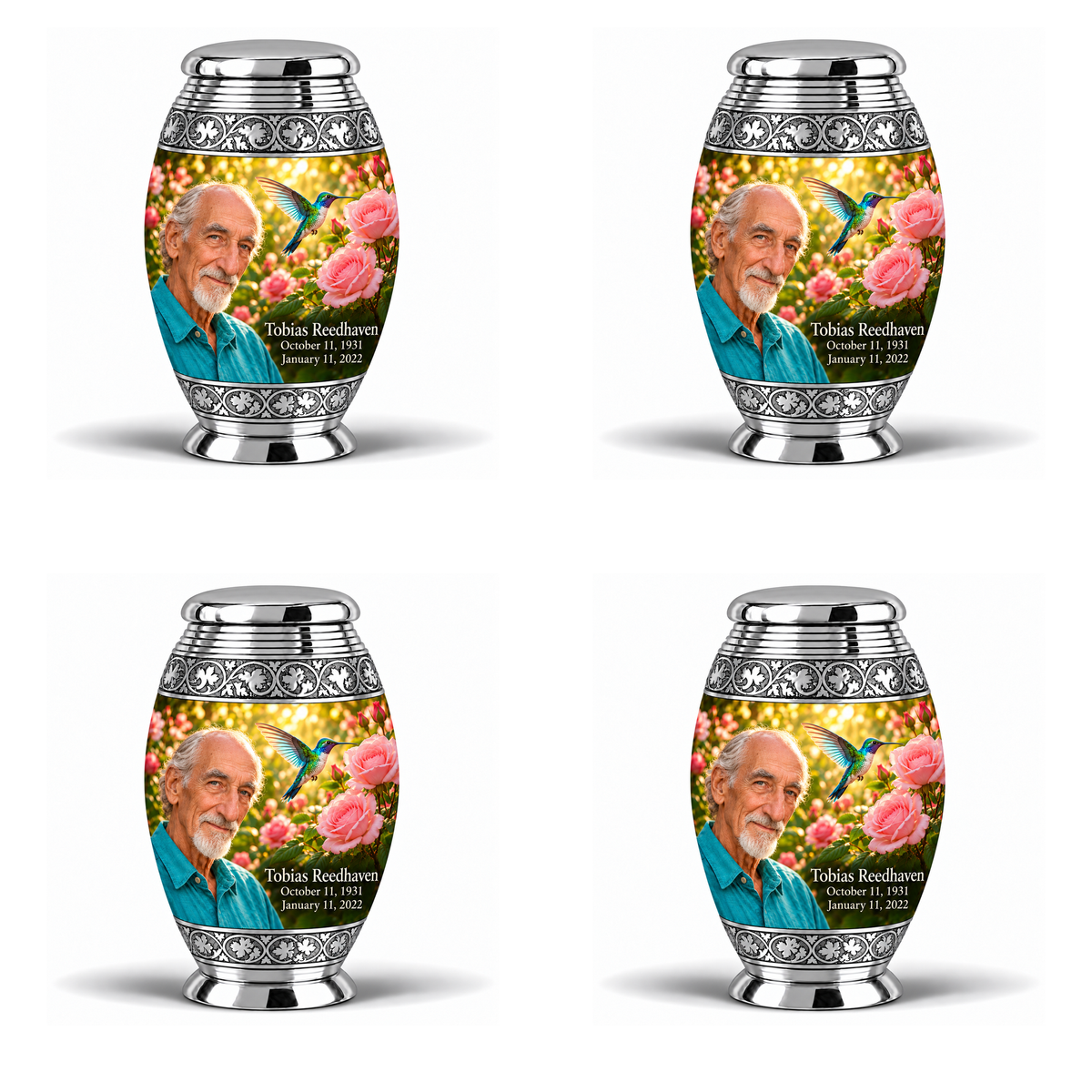 4 Keepsake 3 inch Urns Monar hummingbird memorial urn with Tobias Reedhaven portrait, October 11, 1931 to January 11, 2022.