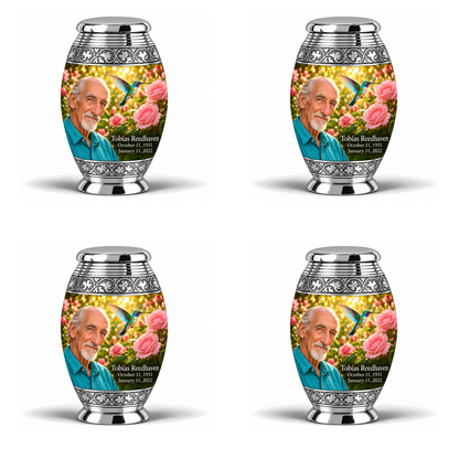 4 Keepsake 3 inch Urns Monar hummingbird memorial urn with Tobias Reedhaven portrait, October 11, 1931 to January 11, 2022.