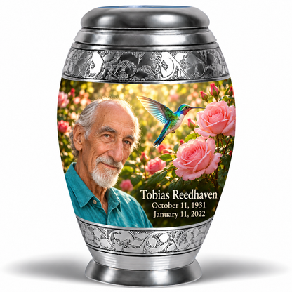 10 inch large Urn Monar hummingbird memorial urn with Tobias Reedhaven portrait, October 11, 1931 to January 11, 2022.