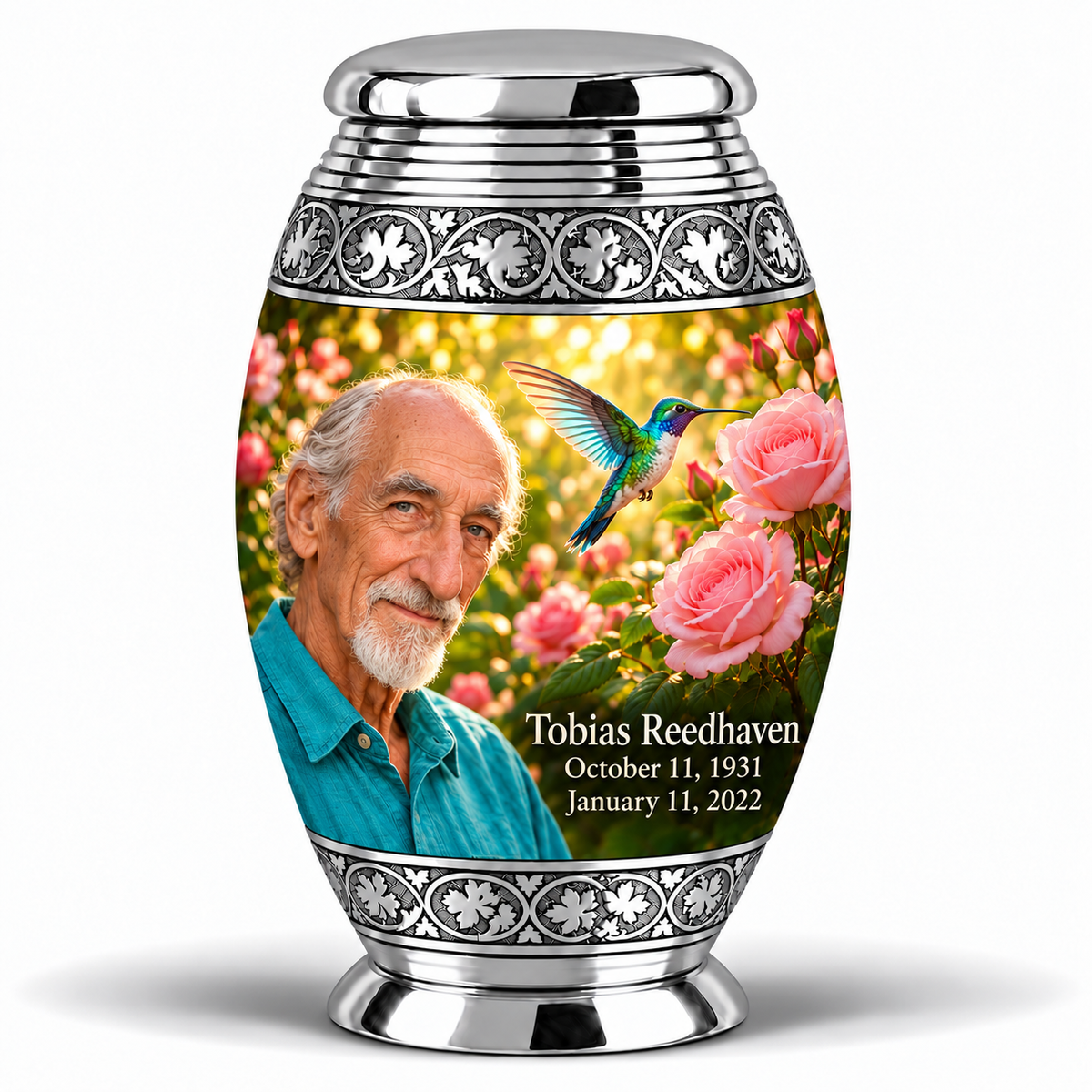 1 Keepsake 3 inch Urn Monar hummingbird memorial urn with Tobias Reedhaven portrait, October 11, 1931 to January 11, 2022.