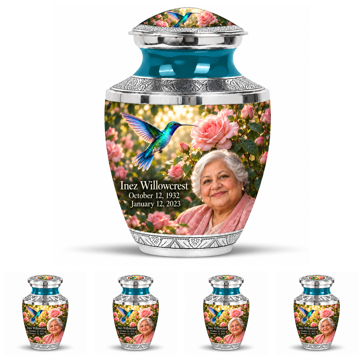 10 inch large Urn with 4 Keepsake 3 Inch Urns Tasty hummingbird memorial urn with Inez Willowcrest portrait, October 12, 1932 to January 12, 2023.