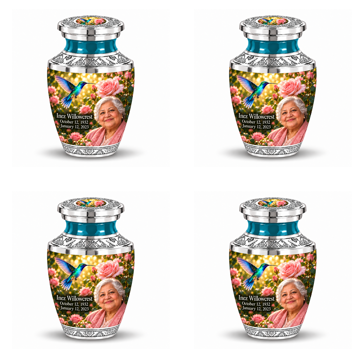 4 Keepsake 3 inch Urns Tasty hummingbird memorial urn with Inez Willowcrest portrait, October 12, 1932 to January 12, 2023.