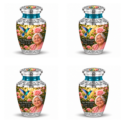 4 Keepsake 3 inch Urns Tasty hummingbird memorial urn with Inez Willowcrest portrait, October 12, 1932 to January 12, 2023.