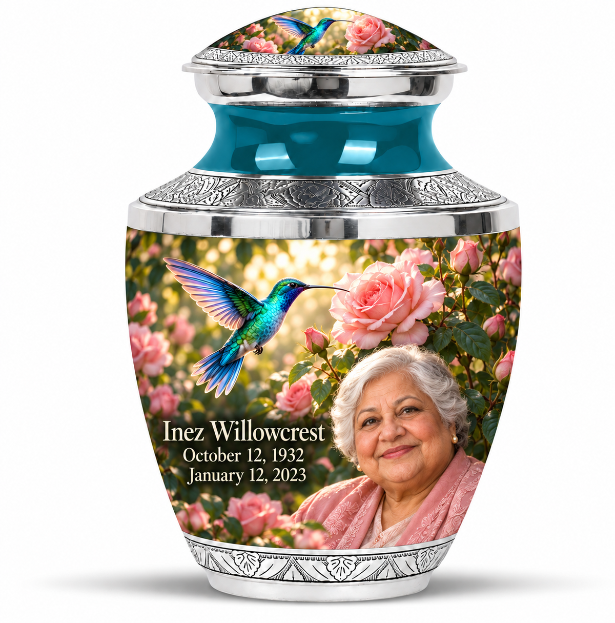 10 inch large Urn Tasty hummingbird memorial urn with Inez Willowcrest portrait, October 12, 1932 to January 12, 2023.