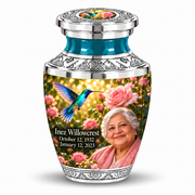 1 Keepsake 3 inch Urn Tasty hummingbird memorial urn with Inez Willowcrest portrait, October 12, 1932 to January 12, 2023.