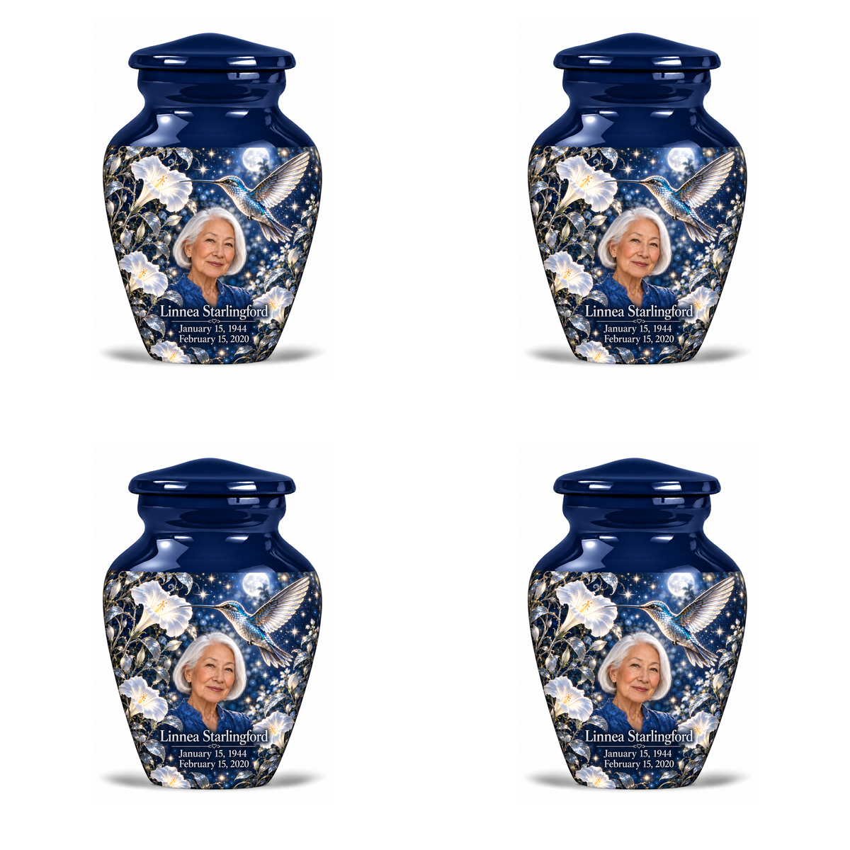 4 Keepsake 3 inch Urns, Classic memorial urn with silver-blue hummingbird and starlit moonflowers, Linnea Starlingford portrait, January 15, 1944 to February 15, 2020.