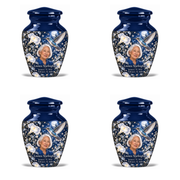 4 Keepsake 3 inch Urns, Classic memorial urn with silver-blue hummingbird and starlit moonflowers, Linnea Starlingford portrait, January 15, 1944 to February 15, 2020.