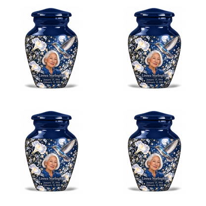 4 Keepsake 3 inch Urns, Classic memorial urn with silver-blue hummingbird and starlit moonflowers, Linnea Starlingford portrait, January 15, 1944 to February 15, 2020.