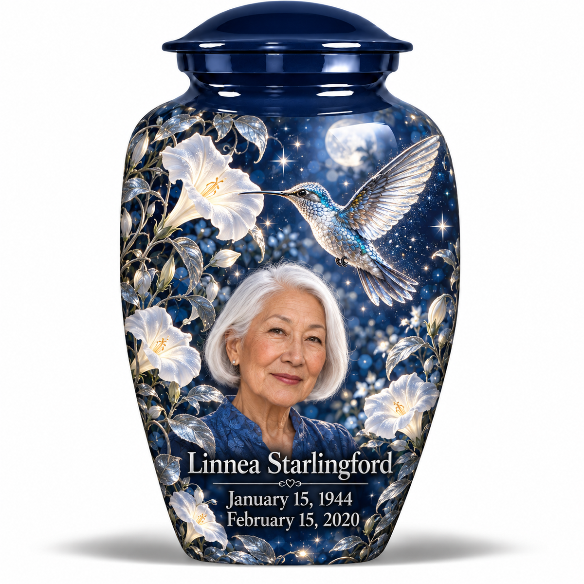 10 inch large Urn, Classic memorial urn with silver-blue hummingbird and starlit moonflowers, Linnea Starlingford portrait, January 15, 1944 to February 15, 2020.