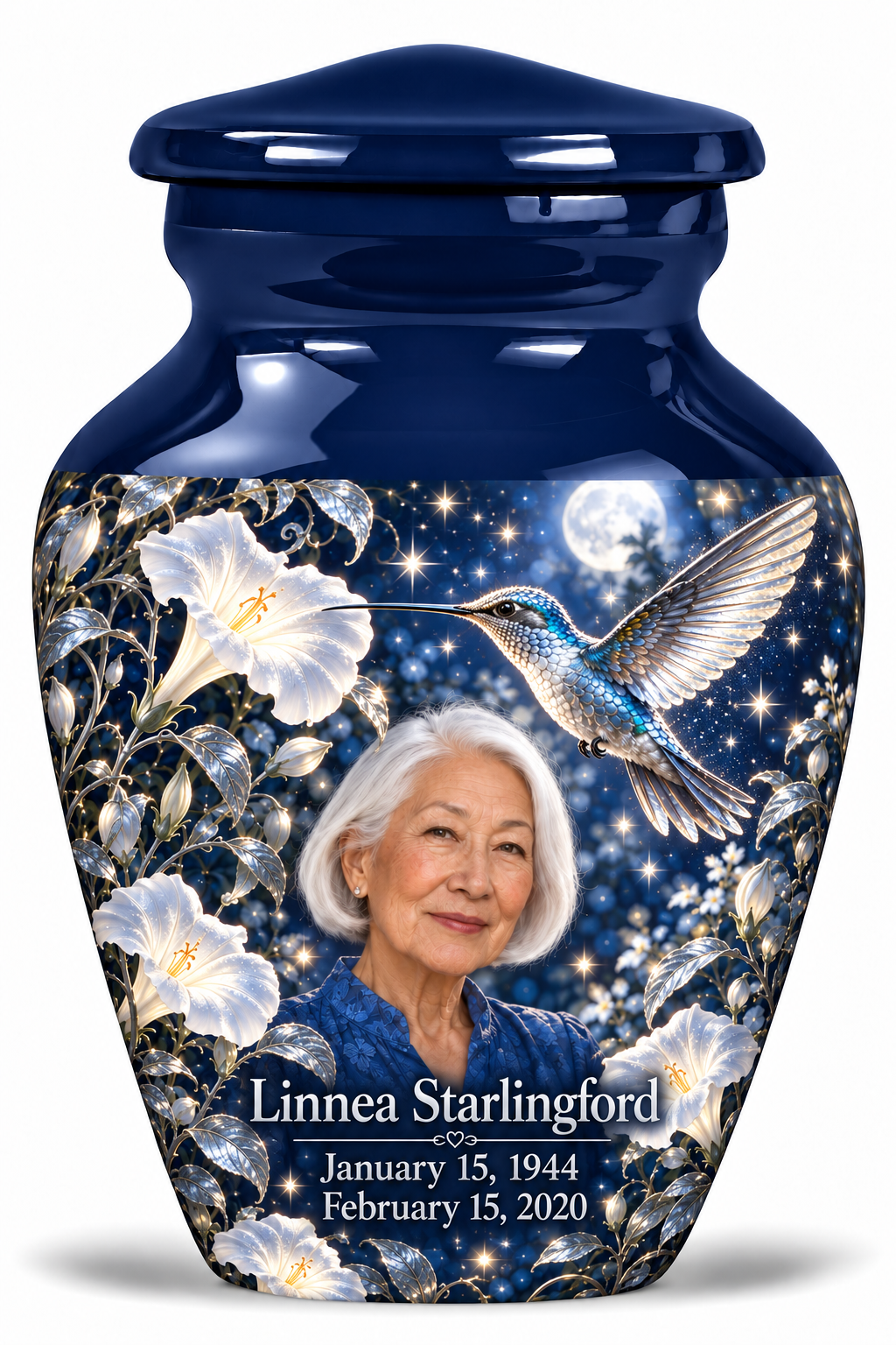 1 Keepsake 3 inch Urn, Classic memorial urn with silver-blue hummingbird and starlit moonflowers, Linnea Starlingford portrait, January 15, 1944 to February 15, 2020.