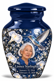 1 Keepsake 3 inch Urn, Classic memorial urn with silver-blue hummingbird and starlit moonflowers, Linnea Starlingford portrait, January 15, 1944 to February 15, 2020.