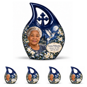 10 inch large Urn with 4 Keepsake 3 Inch Urns; Navy Cross Drop with silver hummingbird, moonlit white flowers and Leona Willowfen portrait; miniature has open loop without cross.