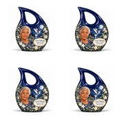 4 Keepsake 3 inch Urns; Navy Cross Drop with silver hummingbird, moonlit white flowers and Leona Willowfen portrait; miniature has open loop without cross.