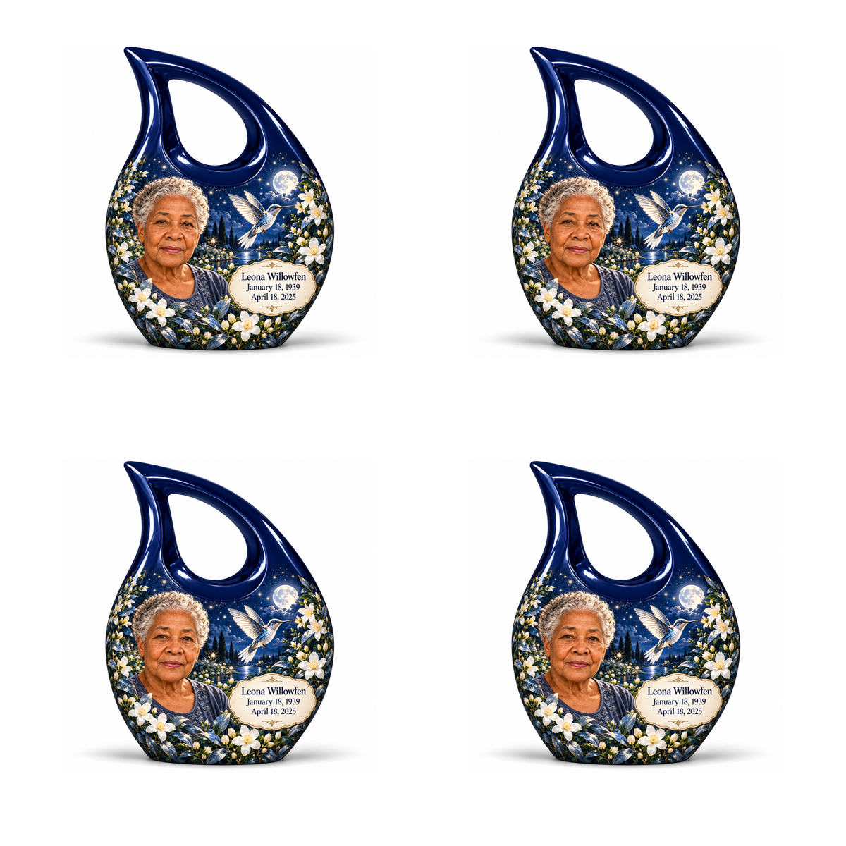 4 Keepsake 3 inch Urns; Navy Cross Drop with silver hummingbird, moonlit white flowers and Leona Willowfen portrait; miniature has open loop without cross.