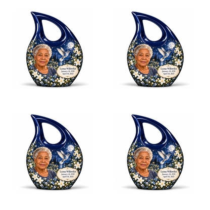4 Keepsake 3 inch Urns; Navy Cross Drop with silver hummingbird, moonlit white flowers and Leona Willowfen portrait; miniature has open loop without cross.