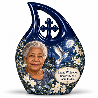 10 inch large Urn; Navy Cross Drop with silver hummingbird, moonlit white flowers and Leona Willowfen portrait; miniature has open loop without cross.
